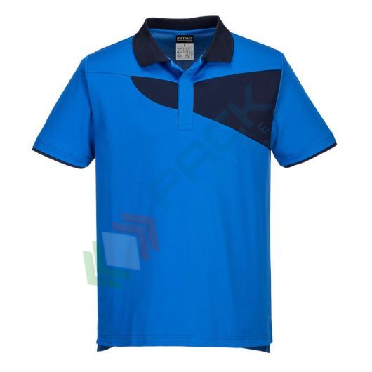 Polo da lavoro bicolore 55% Cotone + 45% Poliestere, 144 gr, tessuto traspirante con design antigraffio, vestibilità slim, cuciture in contrasto, colore blu royal/blu navy