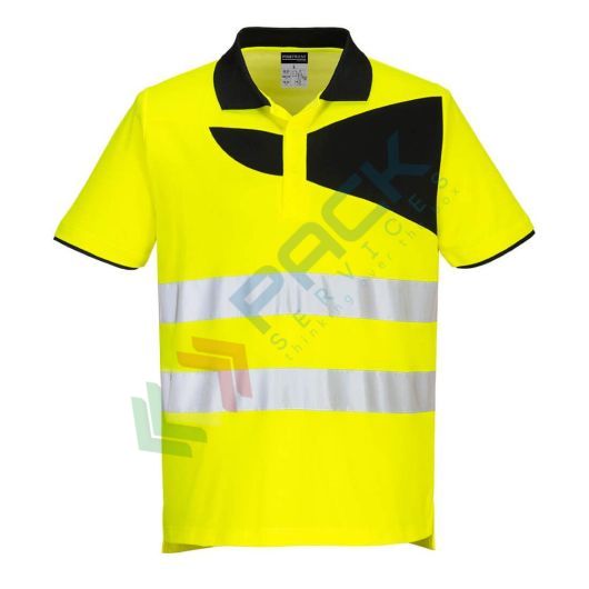 Polo alta visibilità in tessuto Kingsmill Polycotton (55% cotone + 45% poliestere), 144 gr, modello PW2 a maniche corte con colletto a costine, certificata CE + EN ISO 20471 Classe 2, colore giallo/nero, tg. M