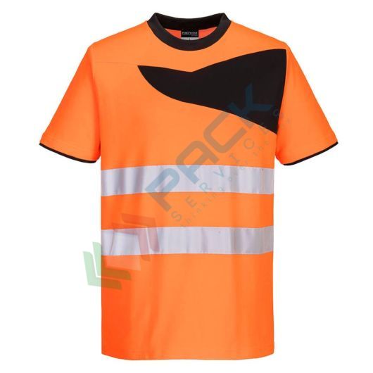 T-shirt alta visibilità in tessuto Kingsmill Polycotton (55% cotone + 45% poliestere), 144 gr, modello PW2 a maniche corte con colletto a costine, certificata CE + EN ISO 20471 Classe 2, colore arancione/nero, tg. XXL