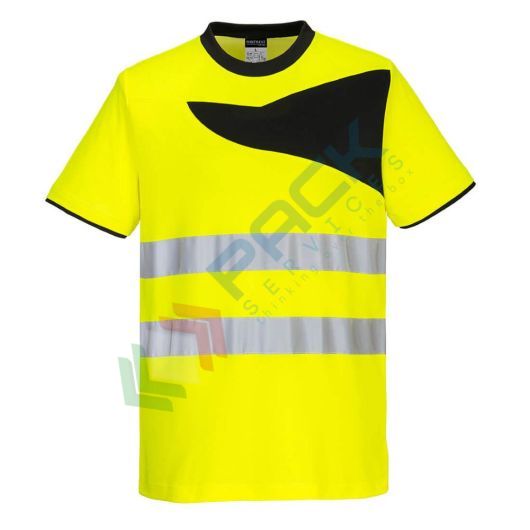 T-shirt alta visibilità in tessuto Kingsmill Polycotton (55% cotone + 45% poliestere), 144 gr, modello PW2 a maniche corte con colletto a costine, certificata CE + EN ISO 20471 Classe 2, colore giallo/nero, tg. XXXL