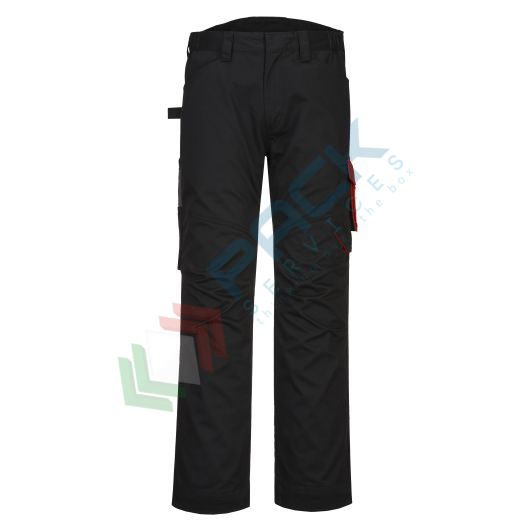 Pantalone da lavoro tessuto Kingsmill 65% Poliestere + 35% Cotone, 245 gr, con finiture antigraffio e metal-free, resistente, modello PW2 Service, colore nero/rosso