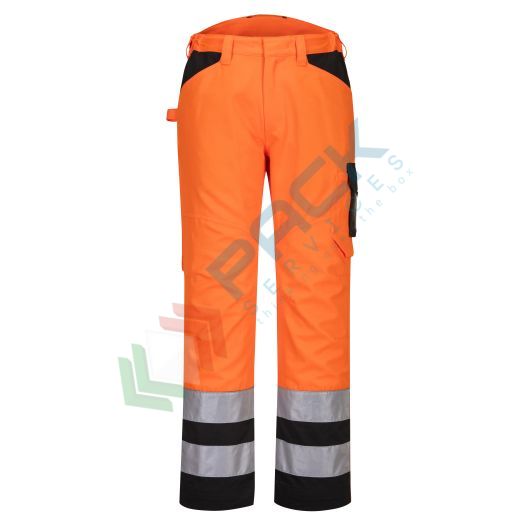 Pantaloni alta visibilità in tessuto Kingsmill Polycotton (65% poliestere + 35% cotone), 245 gr, modello PW2 Service, omologati CE + EN ISO 20471 Classe 2, colore arancione/nero, tg. S