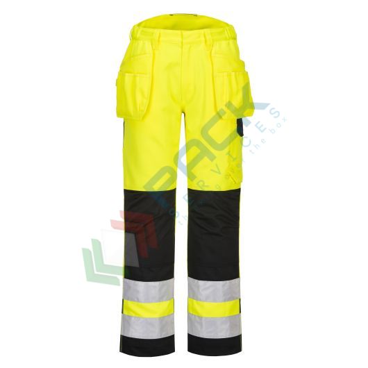 Pantaloni alta visibilità multitasche, in tessuto Kingsmill Polycotton (65% poliestere + 35% cotone), 245 gr, modello con tasche holster multifunzionali, omologati CE + EN ISO 20471 Classe 2, colore giallo/nero, tg. 4XL