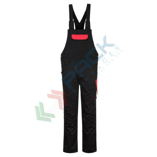 Salopette da lavoro elegante e resistente, in tessuto Kingsmill 65% poliestere + 35% cotone, 245 gr, modello PW2, massimo comfort e prestazioni di lunga durata, colore nero/rosso