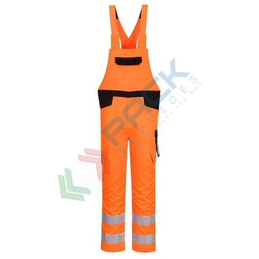 [PW244OBRXXXL] Salopette alta visibilità in Kingsmill Polycotton (65% poliestere + 35% cotone) 245 gr, finiture antigraffio e metal-free, 7 tasche ampie, certificata EN ISO 20471 Classe 2 + RIS 3279 TOM, colore arancione/nero, tg. 3XL