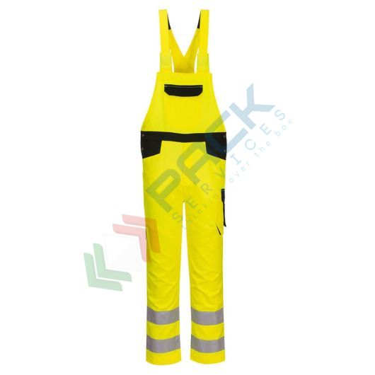 [PW244YBRXXL] Salopette alta visibilità in Kingsmill Polycotton (65% poliestere + 35% cotone) 245 gr, finiture antigraffio e metal-free, 7 tasche ampie, certificata EN ISO 20471 Classe 2, colore giallo/nero, tg. XXL