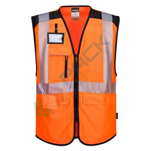[PW309OBRXXXL] Gilet alta visibilità 100% poliestere ordito a maglia, 124 gr, modello PW3 Hi-Vis Executive, con banda riflettente segmentata termosaldata, omologato EN ISO 20471 Classe 2, colore arancione/nero, taglia 3XL