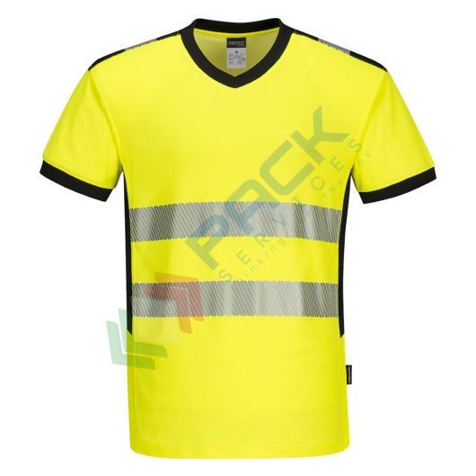 T-shirt alta visibilità in maglia, 55% cotone + 45% poliestere, 175 gr, modello PW3 stile moderno con collo a V, certificata CE + EN ISO 20471 Classe 2, colore giallo, tg. L