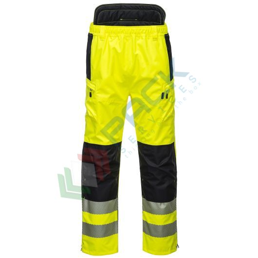 Pantaloni alta visibilità antipioggia 100% poliestere con membrana in PU, 200 gr, modello PW3 Extreme, 8 tasche ampie, omologati CE + EN 343 + EN ISO 20471 Classe 2, colore giallo/nero, tg. M