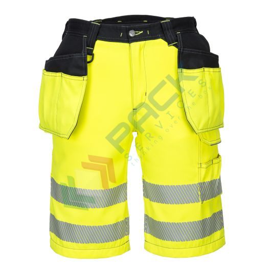Bermuda alta visibilità, modello performante multitasche, 65% poliestere + 35% cotone, 300 gr, EN ISO 20471, colore giallo/nero