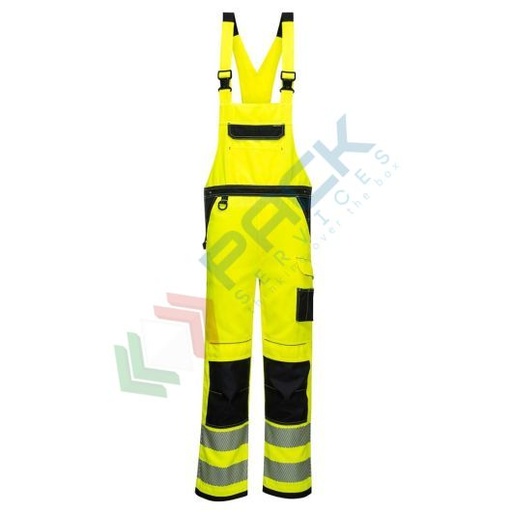 [PW344YBRXL] Salopette alta visibilità in Titanmill Plus (65% poliestere + 35% cotone) 300 gr, banda riflettente HiVisTex Pro leggera e flessibile, 10 tasche ampie, certificata EN ISO 20471 Classe 2, colore giallo/nero, tg. XL