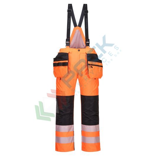 Pantalone alta visibilità invernale imbottito 100% poliestere finitura antimacchia, doppio rivestimento in PU, 190 gr, 16 tasche ampie, bretelle staccabili, certificato EN ISO 20471 Classe 2 + RIS 3279 TOM + EN 343 + EN 342, colore arancione/nero, tg. 4XL