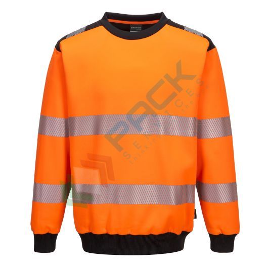 Felpa alta visibilità girocollo, senza cappuccio, PW3 modello performante, 65% poliestere + 35% cotone, 300 gr, senza zip, omologata EN ISO 20471, colore arancione + nero