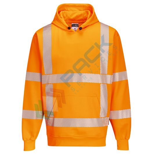 Felpa alta visibilità girocollo, con cappuccio e nastro RWS, 65% poliestere + 35% cotone, 300 gr, senza zip, omologata EN ISO 20471, colore arancione