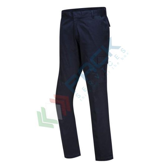 Pantalone da lavoro tessuto Kingsmill Stretch 98% cotone + 2% elastan, 255 gr, modello Combat Stretch Slim Fit, tasche cargo per facile accesso, vestibilità small, colore blu navy scuro