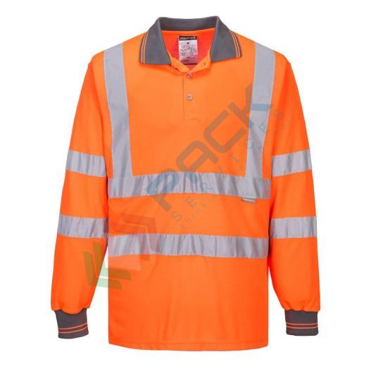 Polo alta visibilità 100% poliestere, punto occhio di pernice, 150 gr, maniche lunghe con polsini a costine per calore e comfort, certificata EN ISO 20471 Classe 3 + RIS 3279 TOM, colore arancione, tg. 4XL