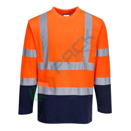 T-shirt alta visibilità in maglia in 55% cotone + 45% poliestere 175 gr, maniche lunghe con alto contenuto di cotone per un comfort superiore, certificata EN ISO 20471 Classe 3 + RIS 3279 TOM, colore arancione/blu navy, tg. 3XL