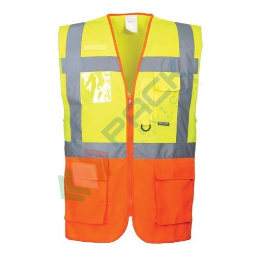 [S376YORL] Gilet alta visibilità 100% poliestere ordito a maglia, 124 gr, modello Executive Praga, multitasche con apertura frontale con zip e porta badge, omologato EN 20471 Classe 2, colore giallo/arancione, taglia L