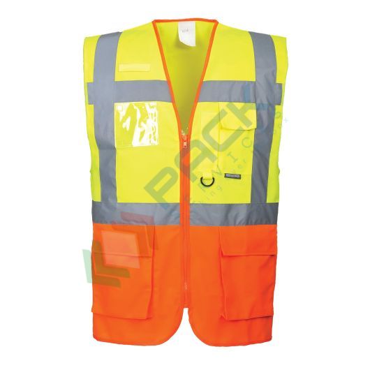 [S376YORS] Gilet alta visibilità 100% poliestere ordito a maglia, 124 gr, modello Executive Praga, multitasche con apertura frontale con zip e porta badge, omologato EN 20471 Classe 2, colore giallo/arancione, taglia S