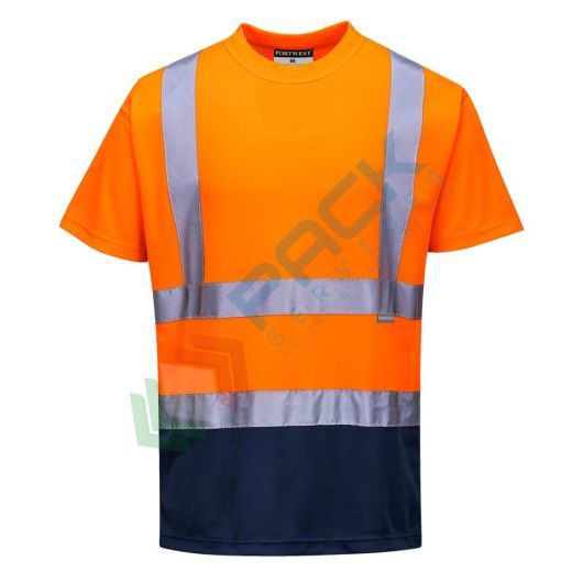 T-shirt alta visibilità 100% poliestere, punto occhio di pernice, 150 gr, vestibilità comoda per un maggior comfort, certificata EN ISO 20471 Classe 2 + RIS 3279 TOM, colore arancione/blu navy, tg. 4XL