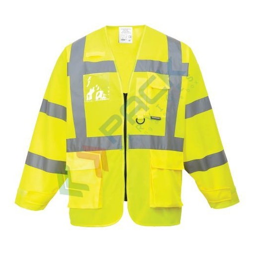 [S475YERXXXL] Gilet alta visibilità 100% poliestere ordito a maglia, 124 gr, versione a manica lunga modello Executive, dual porta badge e multi-tasche, omologato EN 20471 Classe 3, colore giallo, taglia 3XL