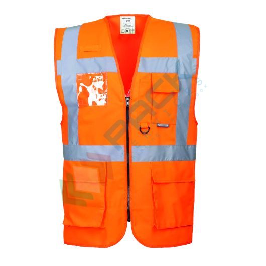 [S476ORRXL] Gilet alta visibilità 100% poliestere ordito a maglia, 124 gr, modello Executive Berlino, apertura frontale con zip con tasca porta badge, omologato EN 20471 Classe 2, colore arancione, taglia XL