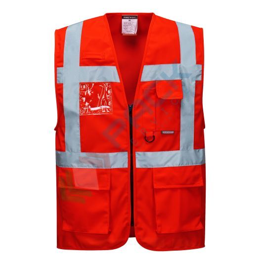 [S476RERL] Gilet alta visibilità 100% poliestere ordito a maglia, 124 gr, modello Executive Berlino, apertura frontale con zip con tasca porta badge, omologato EN 20471 Classe 2, colore rosso, taglia L