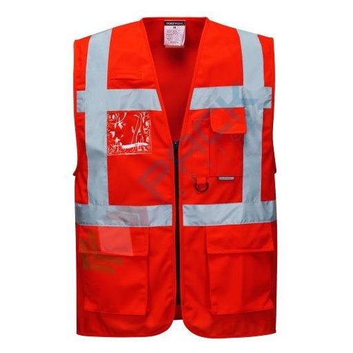 [S476RERL] Gilet alta visibilità 100% poliestere ordito a maglia, 124 gr, modello Executive Berlino, apertura frontale con zip con tasca porta badge, omologato EN 20471 Classe 2, colore rosso, taglia L