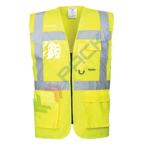 [S476YERS] Gilet alta visibilità 100% poliestere ordito a maglia, 124 gr, modello Executive Berlino, apertura frontale con zip con tasca porta badge, omologato EN 20471 Classe 2, colore giallo, taglia S