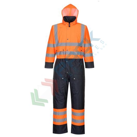 Tuta alta visibilità 100% poliestere, finitura antimacchia, doppio rivestimento in PU 190 gr, 6 tasche ampie, strap regolabili, certificata EN ISO 20471 Classe 3 + RIS 3279 TOM + EN 343 + EN 342, colore arancione/blu navy, tg. XL