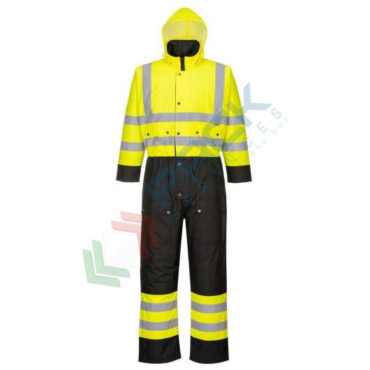 [S485YBR4XL] Tuta alta visibilità 100% poliestere, finitura antimacchia, doppio rivestimento in PU 190 gr, 6 tasche ampie, strap regolabili, certificata EN ISO 20471 Classe 3 + EN 343 + EN 342, colore giallo/nero, tg. 4XL