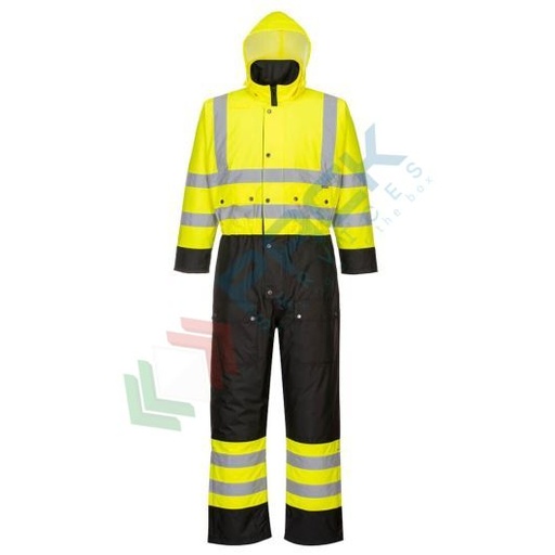 [S485YBRXXL] Tuta alta visibilità 100% poliestere, finitura antimacchia, doppio rivestimento in PU 190 gr, 6 tasche ampie, strap regolabili, certificata EN ISO 20471 Classe 3 + EN 343 + EN 342, colore giallo/nero, tg. XXL