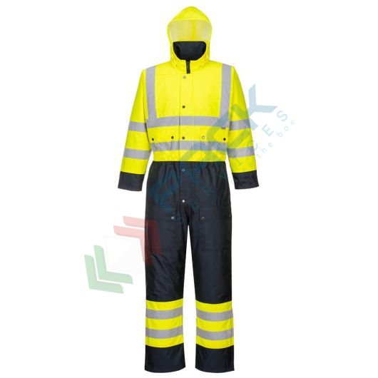 [S485YNR4XL] Tuta alta visibilità 100% poliestere, finitura antimacchia, doppio rivestimento in PU 190 gr, 6 tasche ampie, strap regolabili, certificata EN ISO 20471 Classe 3 + EN 343 + EN 342, colore giallo/blu navy, tg. 4XL