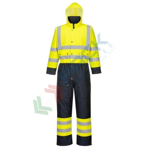 [S485YNRXL] Tuta alta visibilità 100% poliestere, finitura antimacchia, doppio rivestimento in PU 190 gr, 6 tasche ampie, strap regolabili, certificata EN ISO 20471 Classe 3 + EN 343 + EN 342, colore giallo/blu navy, tg. XL