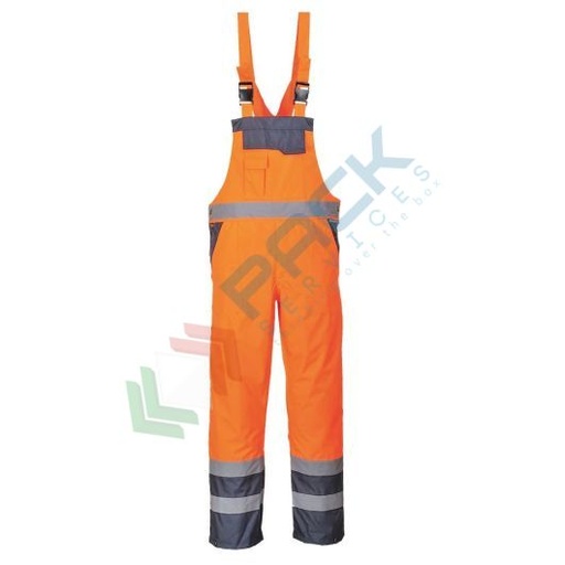 [S488ONRM] Salopette alta visibilità impermeabile 100% poliestere finitura antimacchia, doppio rivestimento in PU, 190 gr, certificata EN ISO 20471 Classe 2 + RIS 3279 TOM + EN 343, colore arancione/blu navy, tg. M