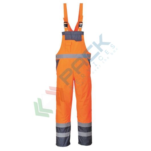 [S488ONRS] Salopette alta visibilità impermeabile 100% poliestere finitura antimacchia, doppio rivestimento in PU, 190 gr, certificata EN ISO 20471 Classe 2 + RIS 3279 TOM + EN 343, colore arancione/blu navy, tg. S