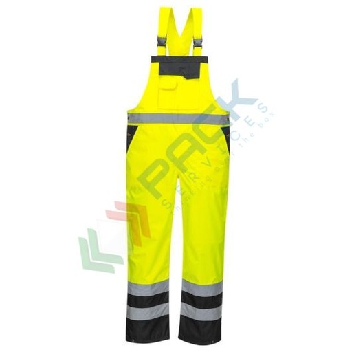 [S488YBR5XL] Salopette alta visibilità impermeabile 100% poliestere finitura antimacchia, doppio rivestimento in PU, 190 gr, certificata EN ISO 20471 Classe 2 + EN 343, colore giallo/nero, tg. 5XL