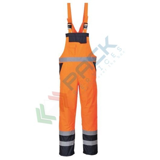 [S489ORRS] Salopette alta visibilità impermeabile 100% poliestere finitura antimacchia, doppio rivestimento in PU, 190 gr, certificata EN ISO 20471 Classe 2 + RIS 3279 TOM + EN 343, colore arancione, tg. S