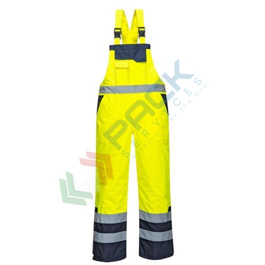 [S489YERS] Salopette alta visibilità impermeabile 100% poliestere finitura antimacchia, doppio rivestimento in PU, 190 gr, certificata EN ISO 20471 Classe 2 + EN 343, colore giallo, tg. S