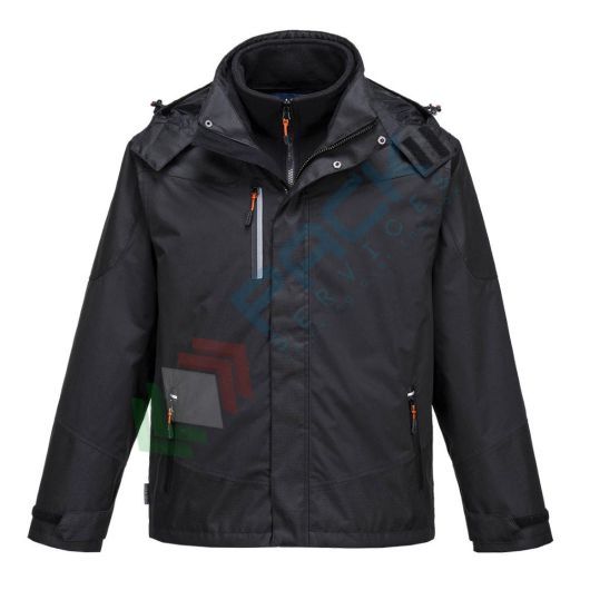 Giacca da lavoro antipioggia, 100% poliestere, traspirante e antivento con cuciture nastrate, modello Radial 3 in 1, omologata EN 343, cappuccio a scomparsa, colore nero