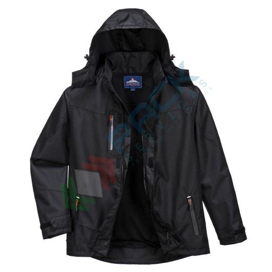 Giacca da lavoro antipioggia, 100% poliestere, impermeabile, antivento e traspirante, modello Outcoach, omologata EN 343, cappuccio a scomparsa, colore nero