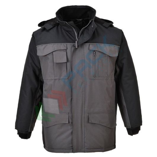 Giacca da lavoro antipioggia, 100% poliestere, resistente ed impermeabile con fodera trapuntata, omologata EN 343, cappuccio a scomparsa, colore grigio/nero