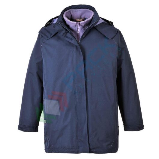Giacca da lavoro antipioggia da donna, 100% poliestere, modello Elgin 3-in-1, impermeabile e antivento, omologata EN 343, cappuccio a scomparsa, colore blu navy