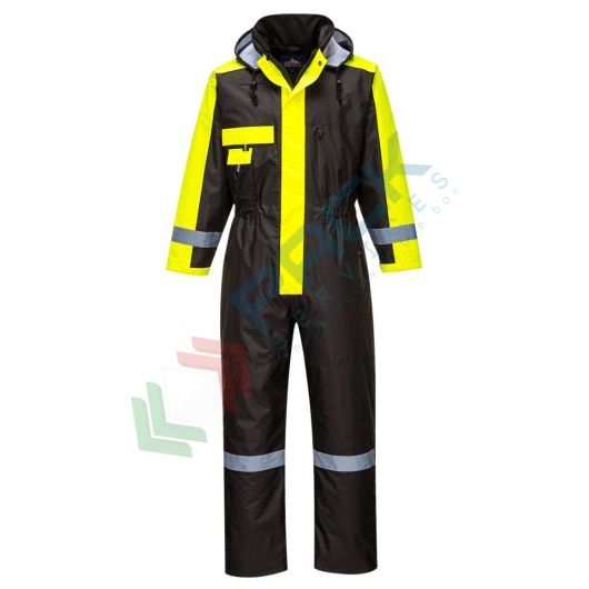 [S585BKRL] Tuta alta visibilità impermeabile imbottita, 100% poliestere con finitura antimacchia, doppio rivestimento in PU 190 gr, certificata EN 343 + EN 342 + EN 17353 Tipo B2, colore nero, tg. L