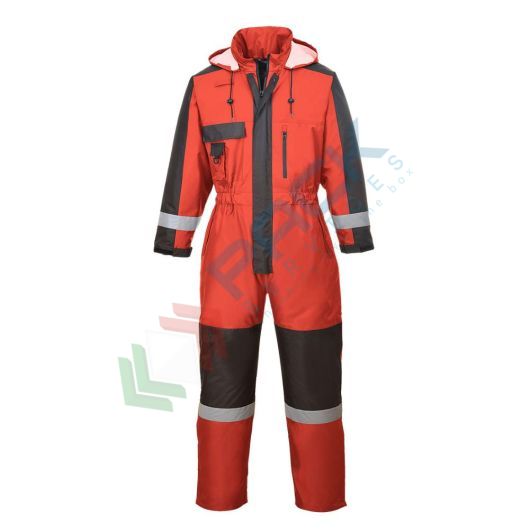 [S585RERM] Tuta alta visibilità impermeabile imbottita, 100% poliestere con finitura antimacchia, doppio rivestimento in PU 190 gr, certificata EN 343 + EN 342 + EN 17353 Tipo B2, colore rosso, tg. M
