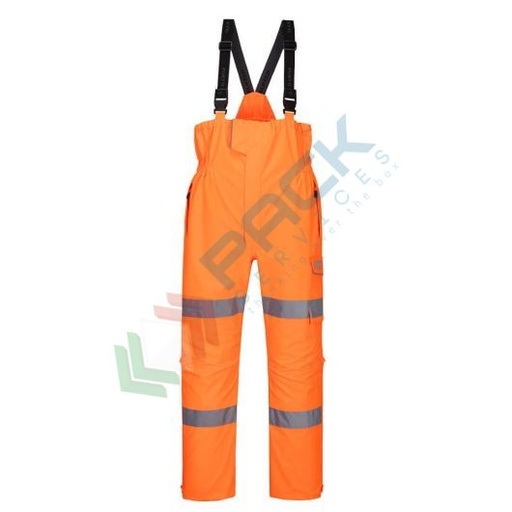 [S594ORRS] Salopette alta visibilità impermeabile 100% poliestere con finitura antimacchia, membrana in PU 200 gr, certificata EN ISO 20471 Classe 3 + RIS 3279 TOM + EN 343, colore arancione, tg. S