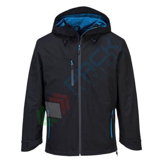 Giacca da lavoro antipioggia, 100% poliestere, omologata EN 343, traspirante, antivento e impermeabile, cappuccio con visiera e coulisse, colore nero