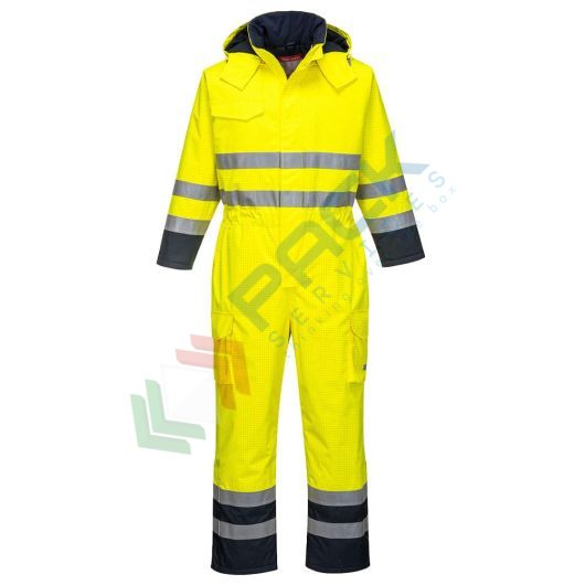 [S775YNRM] Tuta alta visibilità multinorma Bizflame HV (98% poliestere + 2% fibra di carbonio) 250 gr, certificata EN ISO 14116 + EN 1149 -5 + EN 13034 + EN ISO 20471 Classe 3 + EN 343, colore giallo/blu navy, tg. M