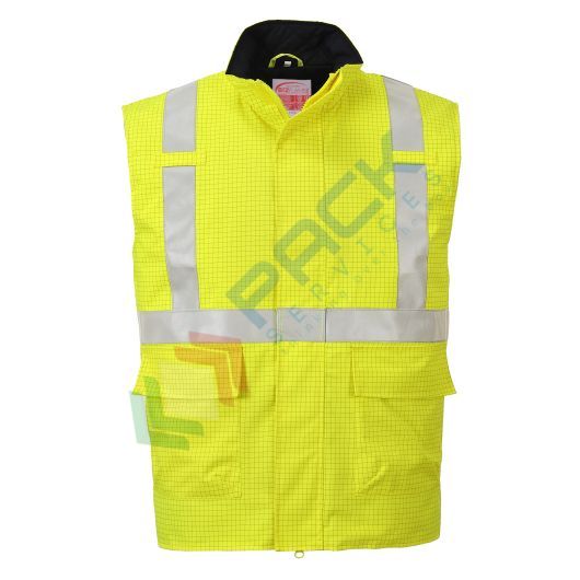 [S776YERXXL] Gilet alta visibilità antistatico imbottito in tessuto impermeabile Bizflame HV (98% poliestere + 2% fibra di carbonio) con fodera in cotone ignifuga, omologato EN ISO 20471 Classe 2 + EN 13034 + EN 1149 -5 + EN ISO 14116, colore giallo, taglia XXL