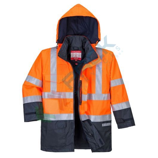 [S779ONRS] Giacca alta visibilità antipioggia multinorma in tessuto impermeabile Bizflame HV, impermeabile e traspirante offre protezione contro rischi multipli, omologata EN ISO 20471 + EN 13034 + EN 1149 + EN ISO 14116 + EN 343, colore arancione/blu navy, taglia S